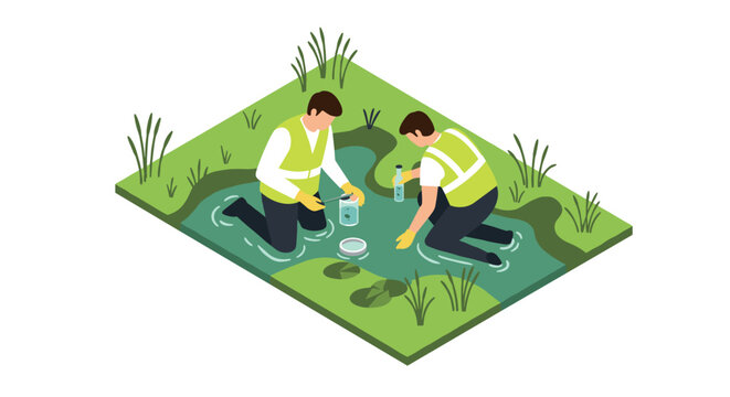 Environmental scientists collecting water samples in wetland isometric illustration