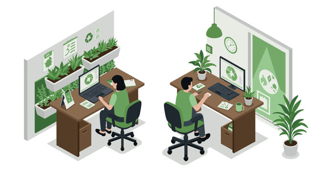 Ecofriendly workspace design with office plants and green decor in isometric style