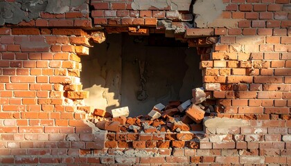 Rectangular hole in a red brick wall, revealing a dark interior with some debris