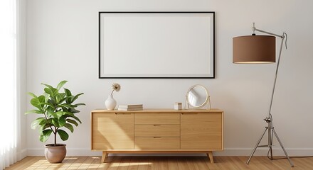 Minimalist home interior with sideboard plant and blank frame mockup