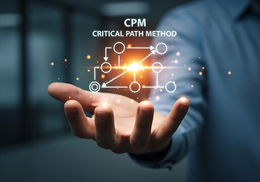 A man presenting the critical path method cpm concept with a glowing diagram in his hand, representing project management, planning, and strategic workflow optimization