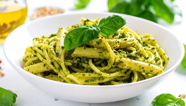 Pasta dish penne & spaghetti in pesto sauce, garnished with fresh basil, in a white bowl on a white background