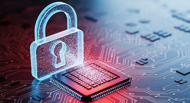 Cyber security concept showing a padlock on a microchip, representing data protection, encryption, and digital safety in the modern age