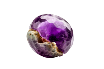 Polished purple amethyst crystal cluster with rough matrix on a transparent background, cut out
