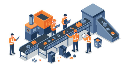 Fototapeta premium Industrial recycling process in isometric design with workers and machines