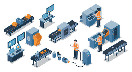 Obraz premium Industrial factory isometric design with conveyor belts and workers in orange safety vests