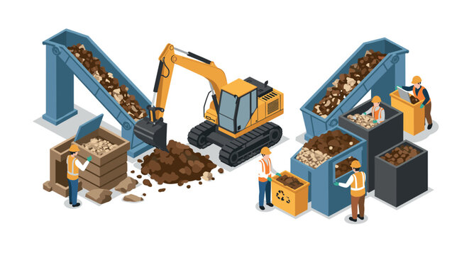 Construction site recycling process with excavator and worker team in isometric design