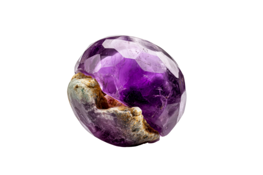 Polished purple amethyst crystal cluster with rough matrix on a transparent background, cut out