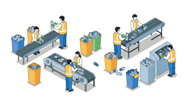 Recycling process with workers sorting plastics on conveyor belt in isometric style