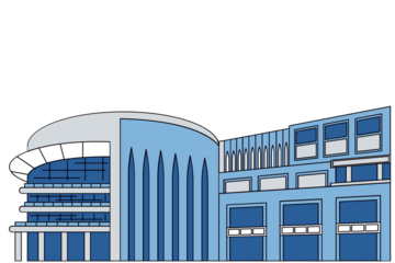 Modern architectural illustration featuring a sleek, multi-faceted building with blue and gray tones, ideal for urban planning concepts and contemporary design projects