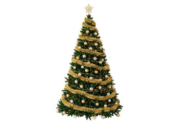 A beautifully decorated christmas tree with golden tinsel and ornaments, isolated on transparent background