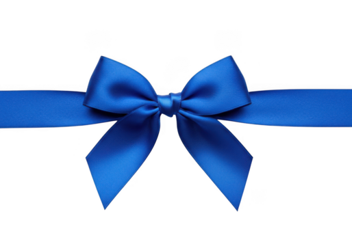 A vibrant blue satin ribbon tied into a perfect bow, isolated on a clean transparent background, symbolizing celebration and giftgiving