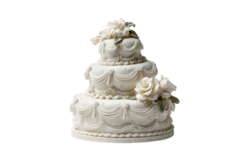 Elegant Three Tier White Cake Decorated With Roses on a transparent background, cut out