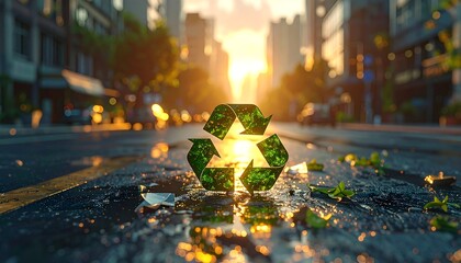 Recycle symbol on wet city street at sunset, with blurred buildings and glowing light reflecting on the pavement