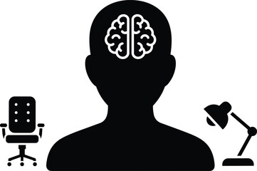 Silhouette of person with brain and desk lamp and office chair head mind