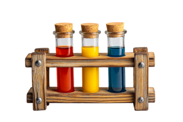 Three glass test tubes with colorful liquid in wooden stand on a transparent background, cut out
