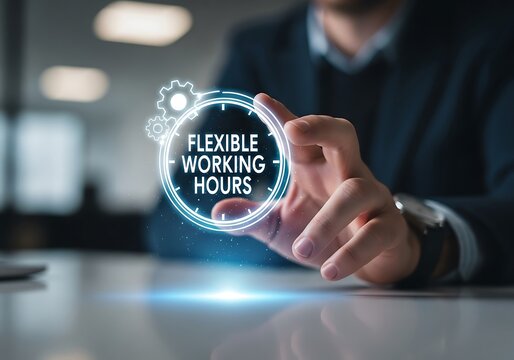A businessman is selecting the flexible working hours icon on a virtual screen, representing the modern work culture and the importance of worklife balance in todays fastpaced world