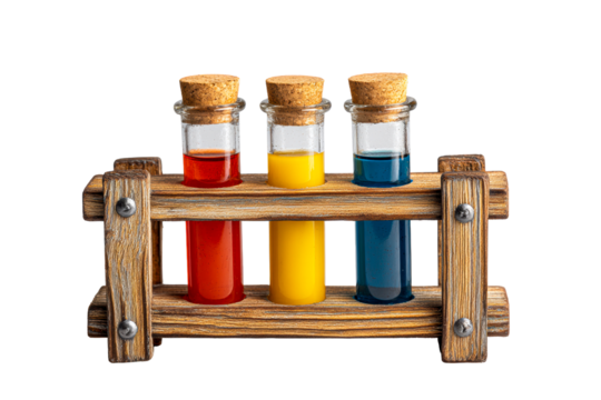 Three glass test tubes with colorful liquid in wooden stand on a transparent background, cut out