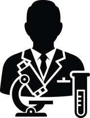 Silhouette of scientist in lab coat with microscope and test tube laboratory research