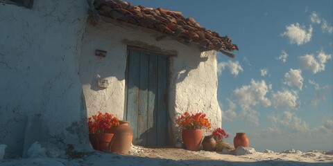 Rustic white house with terracotta roof and blooming flowers under a blue sky.