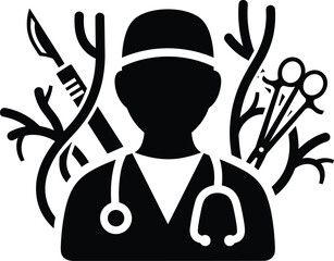 Silhouette of surgeon with medical instruments and stethoscope doctor healthcare