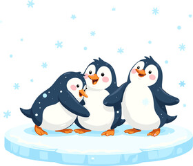 Obraz premium Cute cartoon penguins standing together in snowy winter landscape with falling snowflakes, adorable playful characters for Christmas cards, winter designs, kids illustrations and holiday projects