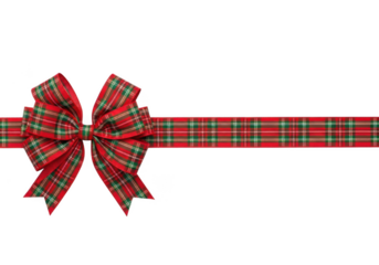 Red and green tartan plaid ribbon bow isolated on transparent background