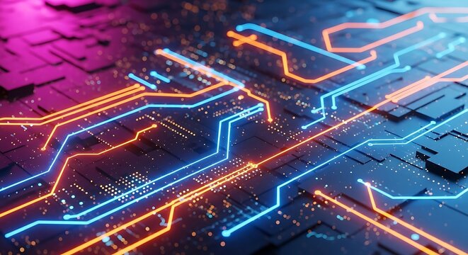 Futuristic circuit board with glowing blue and orange lines, symbolizing technology, connectivity, and advanced electronic systems