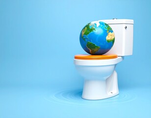 White toilet with orange lid and globe on blue background symbolizing World Toilet Day, highlighting sanitation and public hygiene awareness.