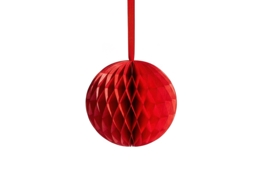A single red honeycomb ball ornament hanging from a red ribbon, isolated on a transparent background - Powered by Adobe