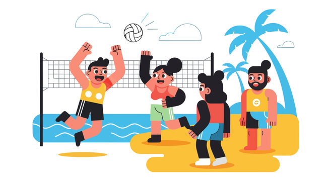 Beach Volleyball Fun: A Colorful Illustration of People Engaging in Sport