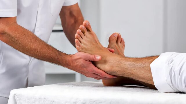 Physiotherapist performing foot and ankle examination on patient