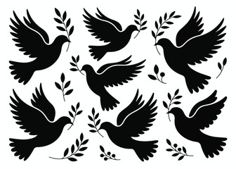 Fototapeta premium Elegant dove peace symbol pattern flying birds with olive branches seamless design isolated on white