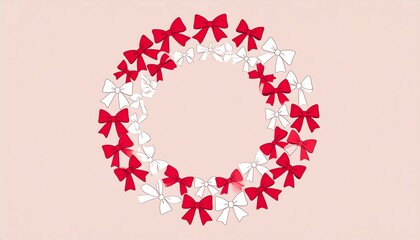 Red and white bow wreath on a light pink backdrop, forming a round festive frame