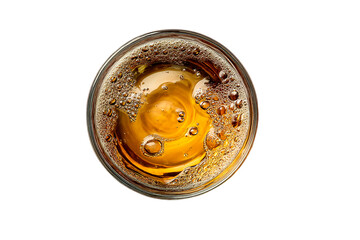 Amber liquid with bubbles in glass viewed from above on a transparent background, cut out