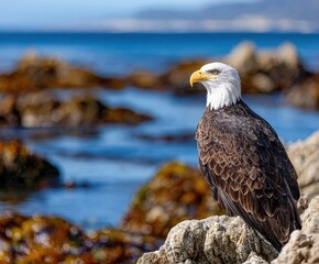 Fototapeta premium Bald eagle gazing at distant ocean views on a sunny day near the coast