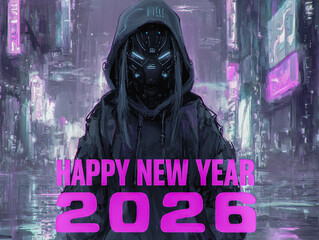 Urban cityscape with the tex "HAPPY NEW YEAR 2026".  Landscape format for cards.