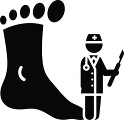 Black icon of a podiatrist with scalpel next to a large foot doctor medical professional
