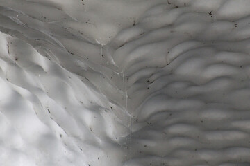 Close-up of melting ice textures inside a snow cave at Big Four Mountain, Washington, revealing sculpted layers, cracks, and subtle natural symmetry.
