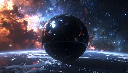 Orb hovering over Earth, space with colorful nebulae. Stars and cosmic view