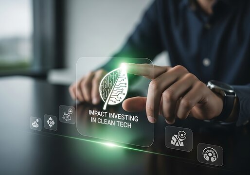 Impact investing in clean tech concept man touching a digital screen with the words impact investing in clean tech and icons representing sustainable development - Powered by Adobe
