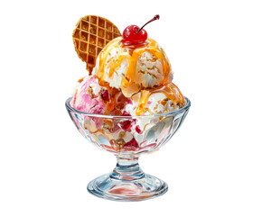 Creamy ice cream sundae with waffle and cherry topping on a transparent background, cut out