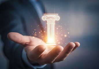 A hand holding a glowing pillar, symbolizing strength, stability, and foundation, representing core values, principles, and the importance of a solid base for success