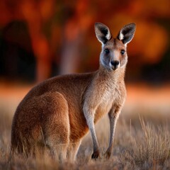 Fototapeta premium Lone kangaroo standing gracefully in golden grass during sunset