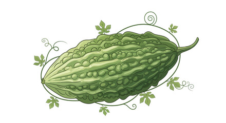 Bitter Gourd in Artistic Style, With Leaves and a Decorative Vine, On White Background