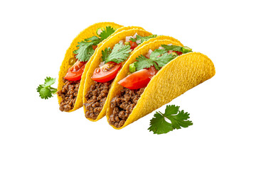 Three hard shell tacos with ground meat and fresh toppings on a transparent background, cut out