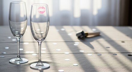 Elegant champagne glasses with lipstick mark on a festive table  