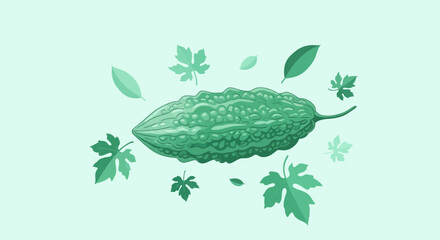 Bitter Melon Illustration Against a Light Green Background with Leafy Embellishments