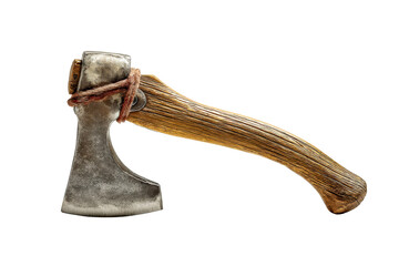 Old Metal Axe with Wooden Handle Tied with Rope on a transparent background, cut out