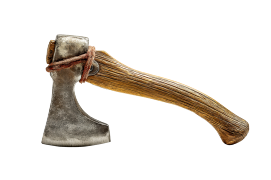 Old Metal Axe with Wooden Handle Tied with Rope on a transparent background, cut out
